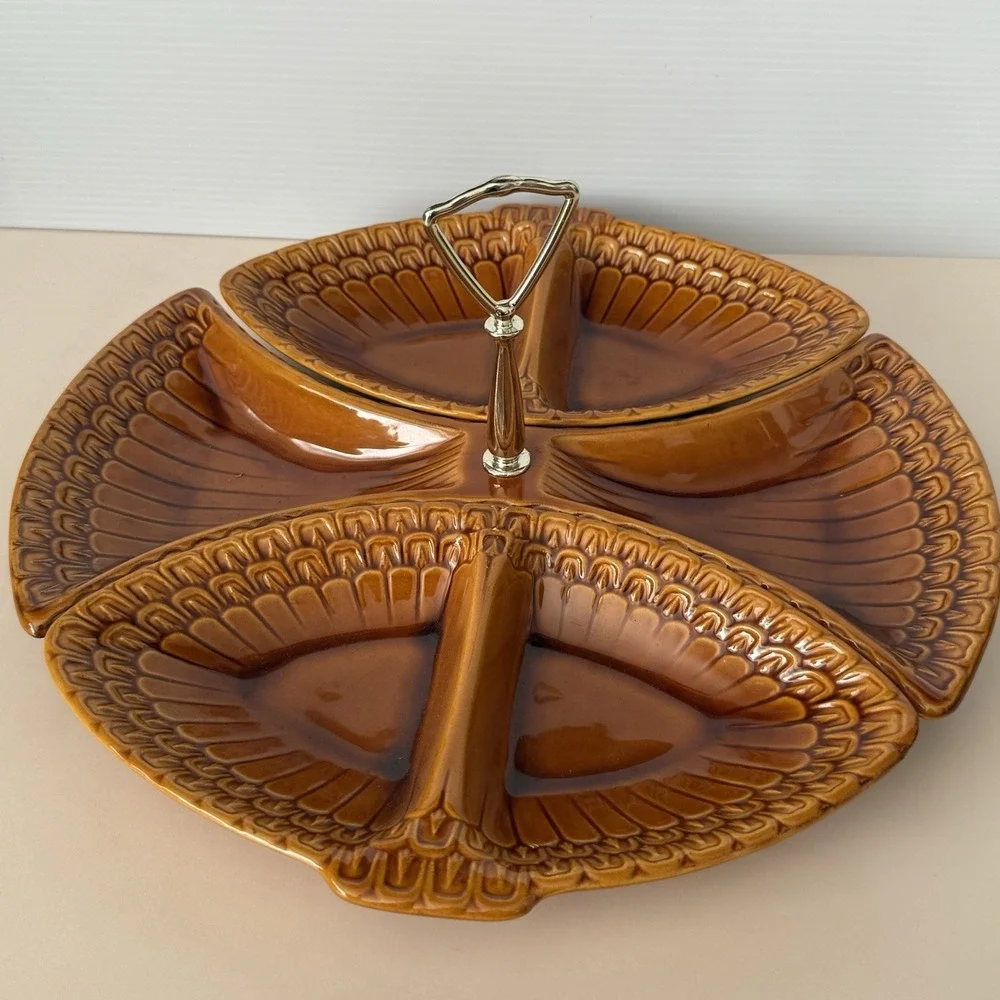 Maddux of California 1966 MCM 3 Piece Divided Serving Tray Burnt Orange Glaze